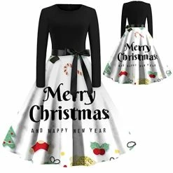 Promo 🥰 JJHAEVDY  Christmas 👗 Dresses, 👩 Womens Retro 🎄 Christmas Print Stitching Long Sleeve O Neck Big Swing 👗 Dress Xmas Comfy 👗 Dresses 6-dark Green ❤️