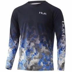 Outlet 🥰 HUK Men's Pattern Pursuit Long Sleeve Performance Fishing 👚 Shirt Stone Shore - Blue Fog 🔔