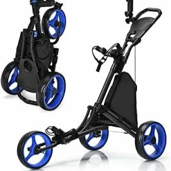 Cheapest 🥰 Golf Push Cart, 3 Wheels Aluminum Folding Height Adjustable Golf Push Trolley With Umbrella Holder & Waterproof Bag, Portable Lightweight Quick Open Fold Golf Cart Gray 🔔