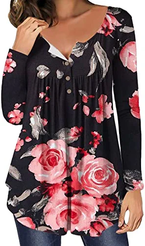 Hot Sale 🔥 JJHAEVDY Womens Floral Tie-Dye Tops V Neck T-Shirts Button Up Tunic Casual Flowy Pleats Tanks Long Sleeve Blouses 5-red 😍 11 Hot Sale 🔥 JJHAEVDY Womens Floral Tie-Dye Tops V Neck T-Shirts Button Up Tunic Casual Flowy Pleats Tanks Long Sleeve Blouses 5-red 😍 - Image 9