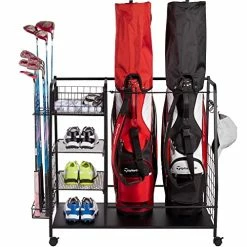 Flash Sale 🔔 Staransun Golf Storage Rack - Golf Bag Organizer - Garage Storage For Golf Equipment With Side Golf Clubs Holder - Extra Large Golf Bag Stand For 2 Golf Bags And Golf Accessories - Easy Assemble 🔔