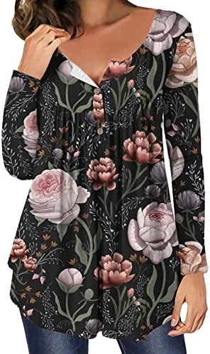 Hot Sale 🔥 JJHAEVDY Womens Floral Tie-Dye Tops V Neck T-Shirts Button Up Tunic Casual Flowy Pleats Tanks Long Sleeve Blouses 5-red 😍 8 Hot Sale 🔥 JJHAEVDY Womens Floral Tie-Dye Tops V Neck T-Shirts Button Up Tunic Casual Flowy Pleats Tanks Long Sleeve Blouses 5-red 😍 - Image 6