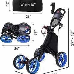 Deals ✔️ Golf Push Cart, 4 Wheel Folding Compact Golf Pull Cart With With Umbrella Drink Holder, Golf Cart For Golf Bag, Clubs Blu ✔️