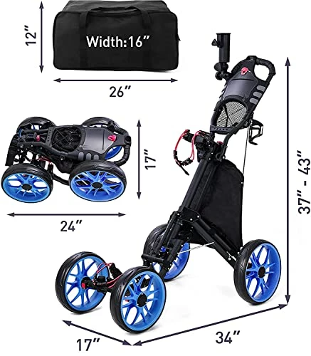Deals ✔️ Golf Push Cart, 4 Wheel Folding Compact Golf Pull Cart With With Umbrella Drink Holder, Golf Cart For Golf Bag, Clubs Blu ✔️ 3 Deals ✔️ Golf Push Cart, 4 Wheel Folding Compact Golf Pull Cart With With Umbrella Drink Holder, Golf Cart For Golf Bag, Clubs Blu ✔️